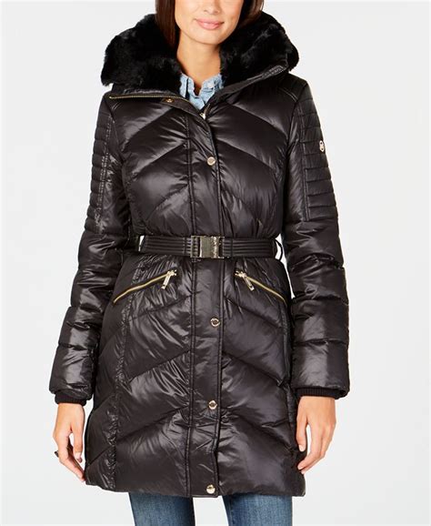 michael kors belted faux fur trim puffer coat
